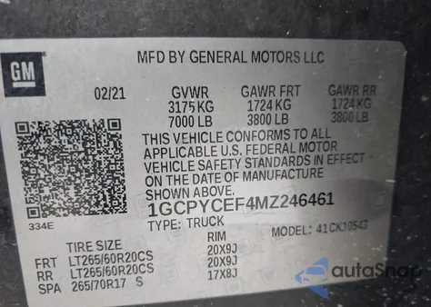 2021 Chevrolet Silverado 1500 4Wd Short Bed Custom Trail Boss z USA, uszkodzony, nr VIN 1GCPYCEF4MZ246461